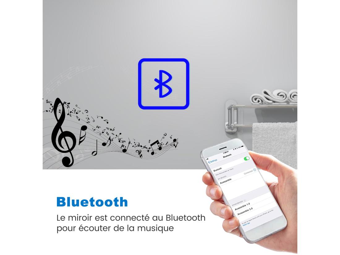 Vente Unique Miroir Lumineux Avec Bluetooth 140 X 80cm Miroir Avec Horloge + 3 Couleurs + Dimmable + Anti-buée Miroir De Salle De Bain IP44 Rectangulaire