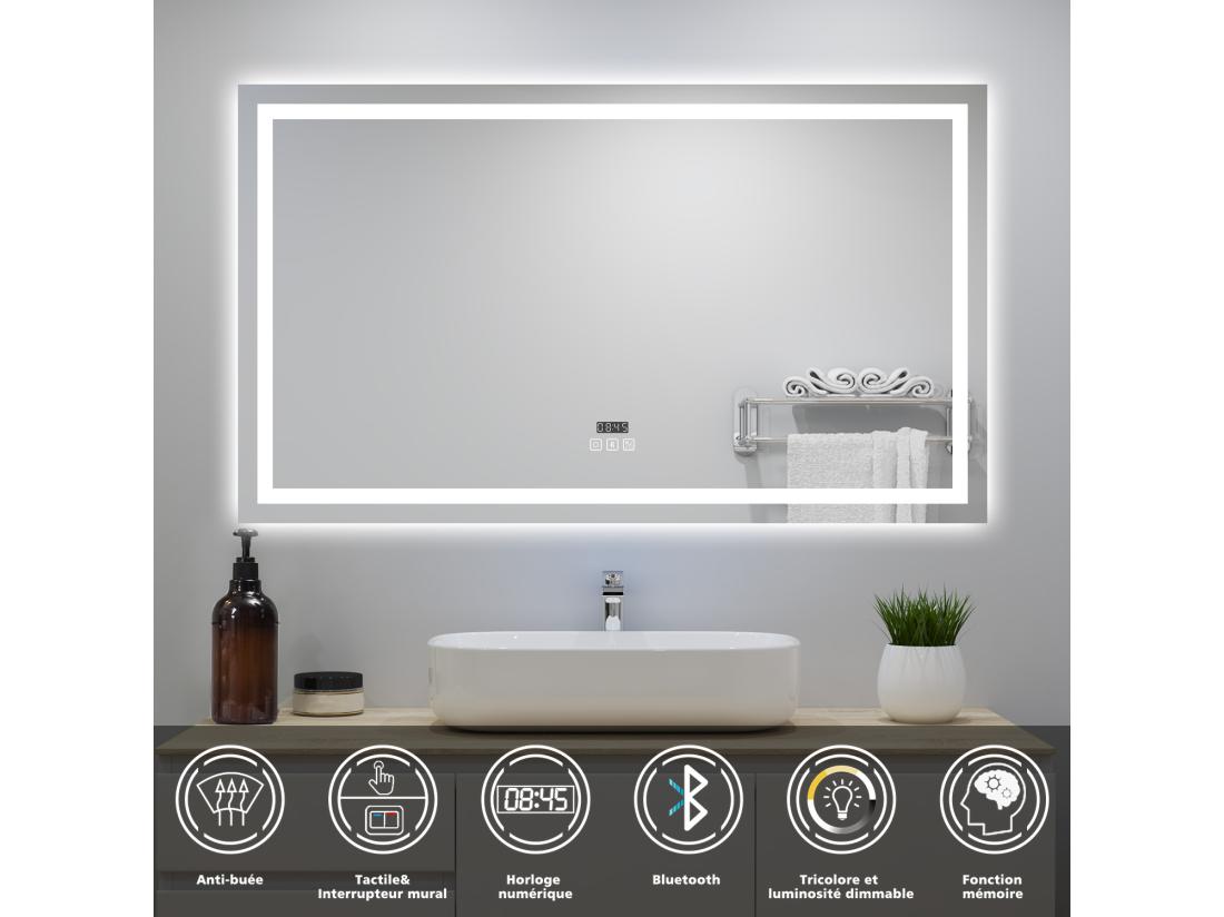 vente unique Miroir lumineux avec Bluetooth 140 x 80cm miroir avec Horloge + 3 Couleurs + Dimmable + Anti-buée Miroir de Salle de Bain IP44 rectangulaire