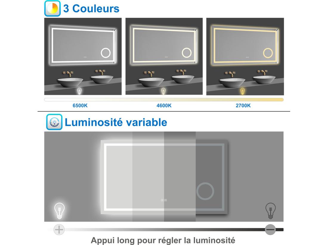 Vente Unique Miroir Lumineux Avec Bluetooth 80 X 60cm 3 Couleurs + Dimmable + Anti-buée + Grossissant 3x Mural Miroir Salle De Bain