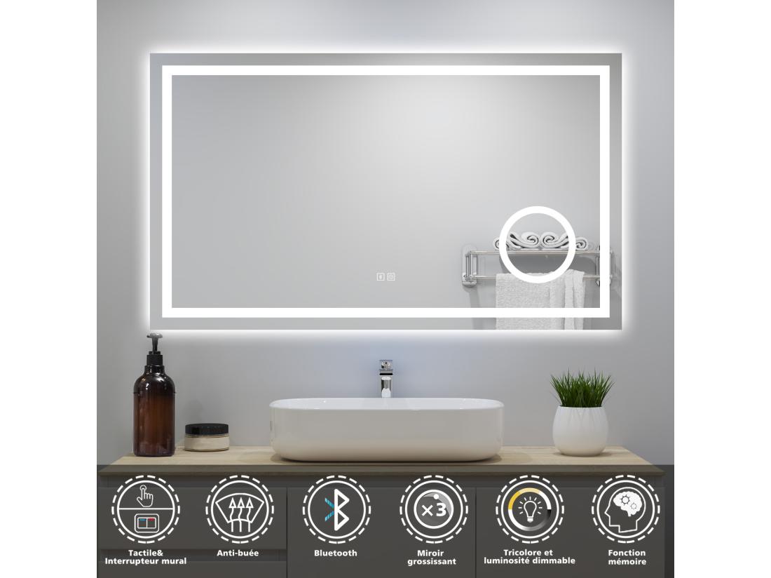 vente unique Miroir Lumineux avec Bluetooth 80 x 60cm 3 Couleurs + Dimmable + Anti-buée + grossissant 3x Mural Miroir Salle de Bain
