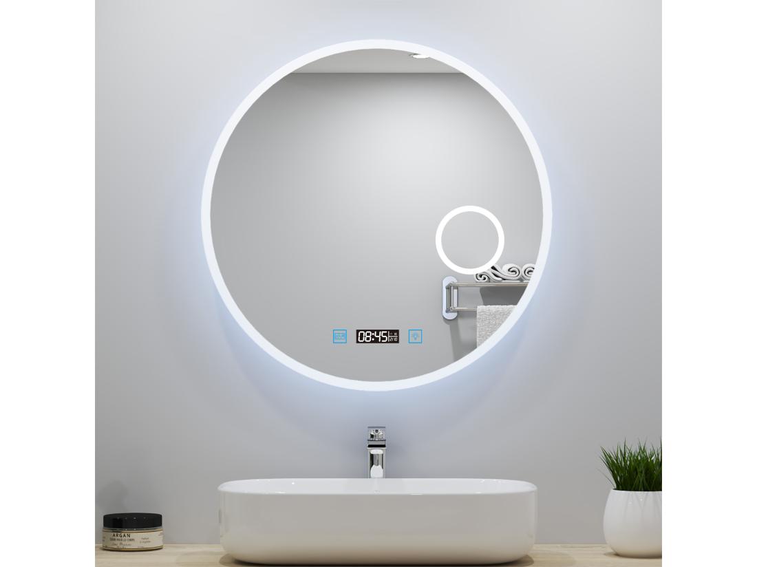 Vente Unique Miroir Lumineux Rond 80cm Avec Horloge + 3 Couleurs + Dimmable + Anti-buée + Grossissant 3x