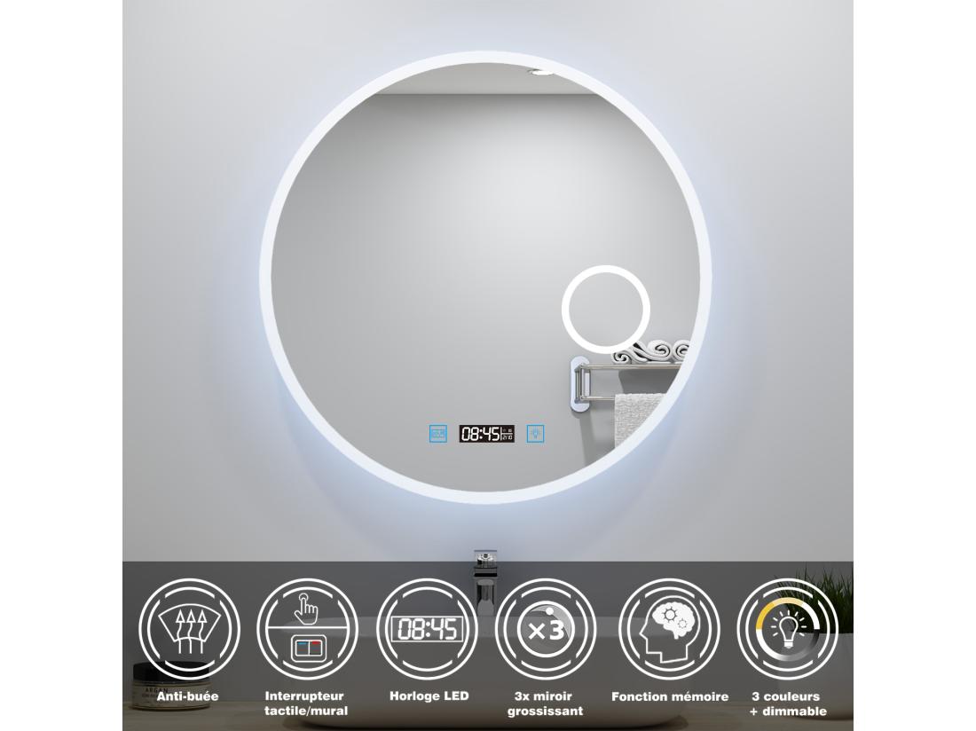Vente Unique Miroir Lumineux Rond 80cm Avec Horloge + 3 Couleurs + Dimmable + Anti-buée + Grossissant 3x