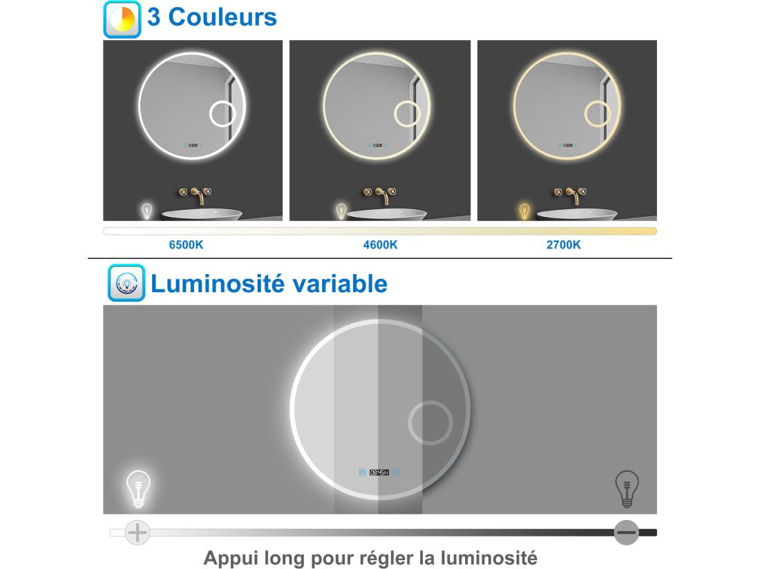 vente unique Miroir lumineux Rond 80cm avec Horloge + 3 Couleurs + Dimmable + Anti-buée + grossissant 3x