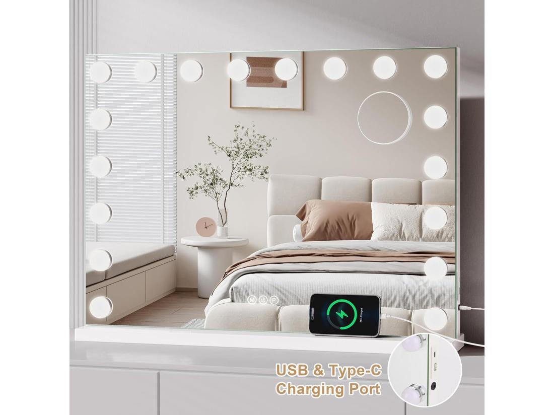 Vente Unique Miroir Maquillage Hollywood Led 18 Ampoules - Miroir Coiffeuse Lumineux 80 X 58cm Contrôle Tactile 3 Couleurs Luminosité Réglable - Port Type C Et USB - Blanc