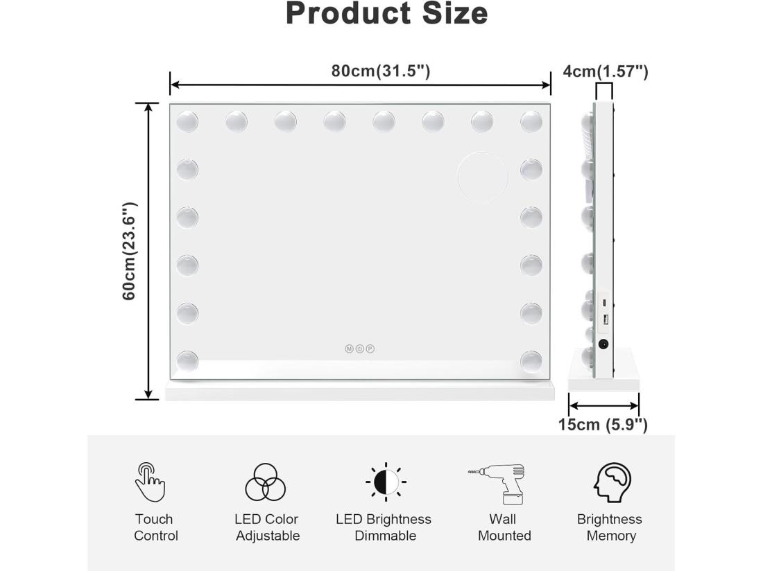 Vente Unique Miroir Maquillage Hollywood Led 18 Ampoules - Miroir Coiffeuse Lumineux 80 X 58cm Contrôle Tactile 3 Couleurs Luminosité Réglable - Port Type C Et USB - Blanc