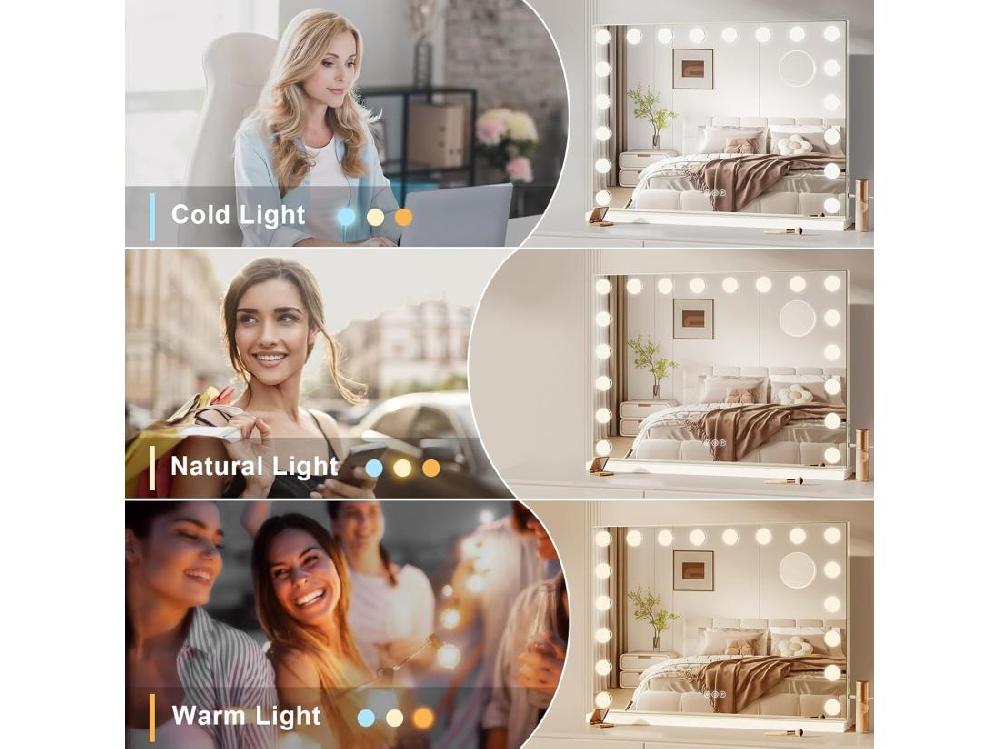 vente unique Miroir Maquillage Hollywood Led 18 Ampoules - Miroir Coiffeuse Lumineux 80 x 58cm Contrôle Tactile 3 Couleurs Luminosité Réglable - Port Type C et USB - Blanc