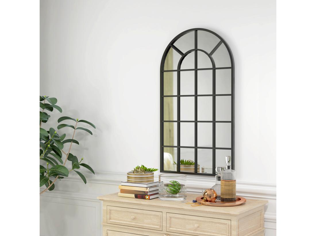 Vente Unique Miroir Mural Aspect Verrière Style Classique Chic - Dim. 62L X 110H Cm - Métal Noir Verre 3 Mm