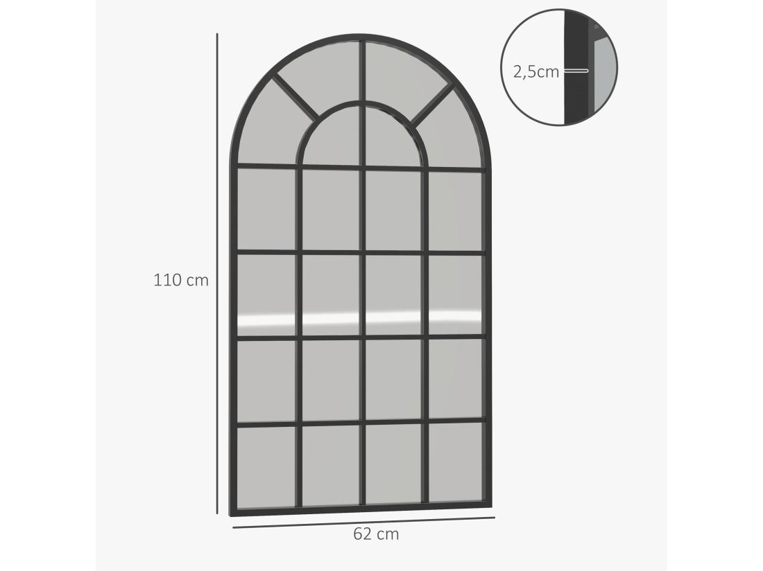 Vente Unique Miroir Mural Aspect Verrière Style Classique Chic - Dim. 62L X 110H Cm - Métal Noir Verre 3 Mm