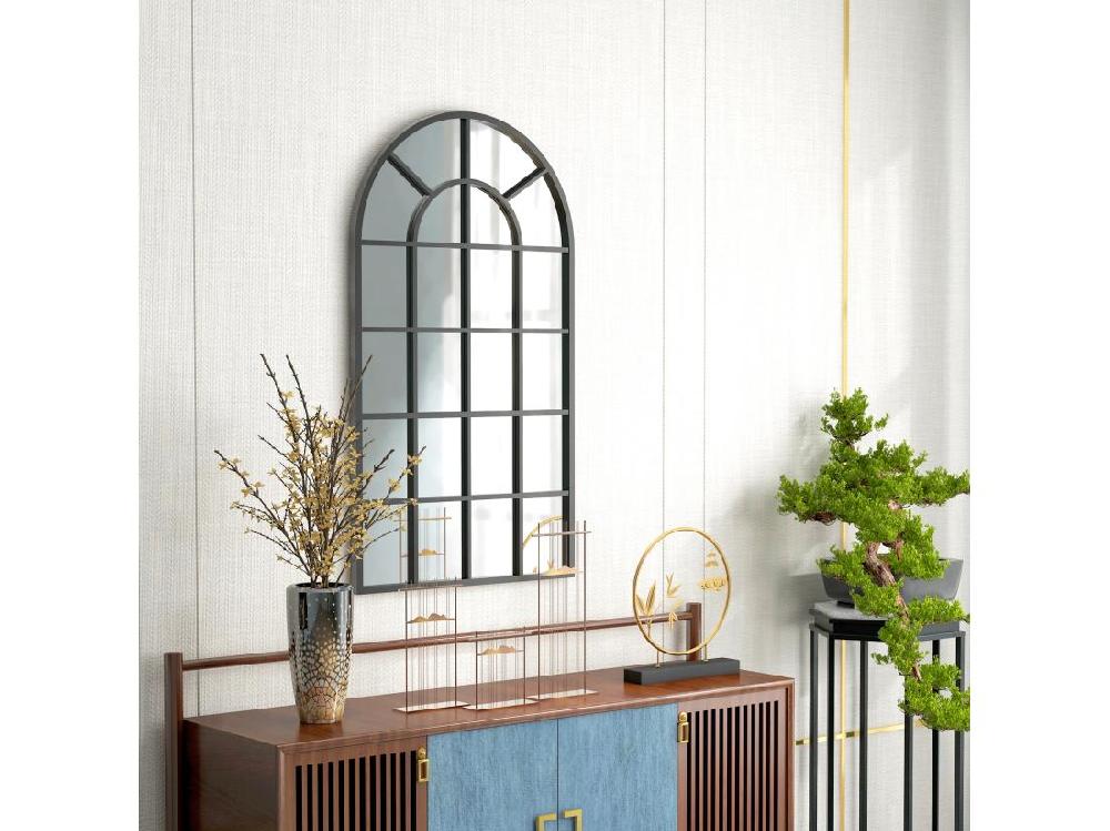 Vente Unique Miroir Mural Aspect Verrière Style Classique Chic - Dim. 62L X 110H Cm - Métal Noir Verre 3 Mm