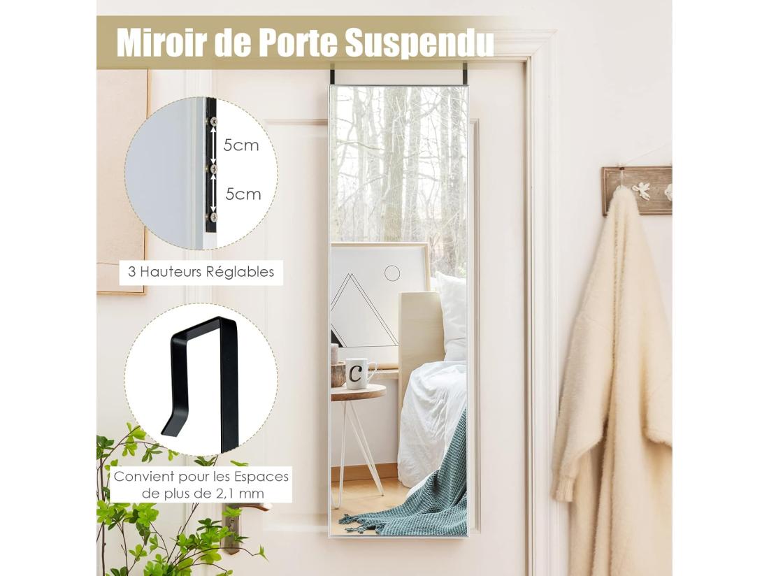 Vente Unique Miroir Mural-miroir à Suspendre Sur Porte 120 X 37 Cm Cadre En Alliage D'aluminium Argent