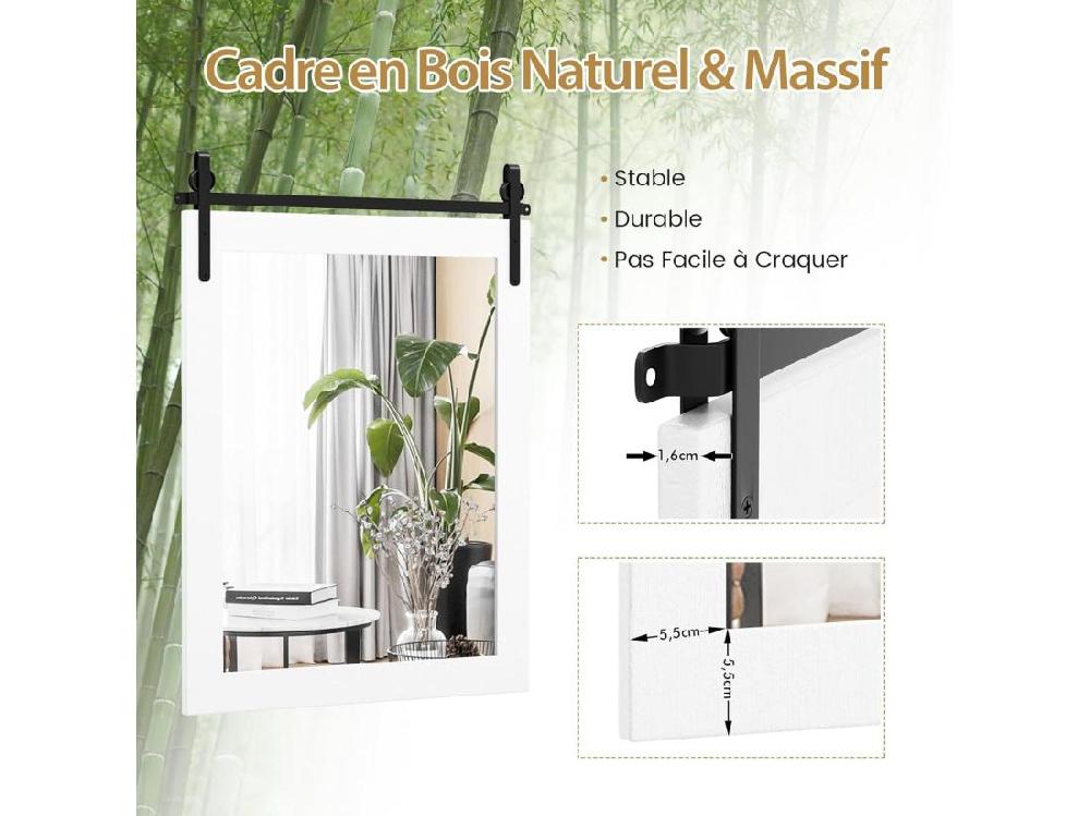 Vente Unique Miroir Mural Rustique Avec Cadre En Bois Massif Miroir Avec Kit 76 X 56 Cm (Blanc)