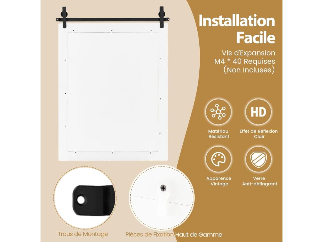 Vente Unique Miroir Mural Rustique Avec Cadre En Bois Massif Miroir Avec Kit 76 X 56 Cm (Blanc)