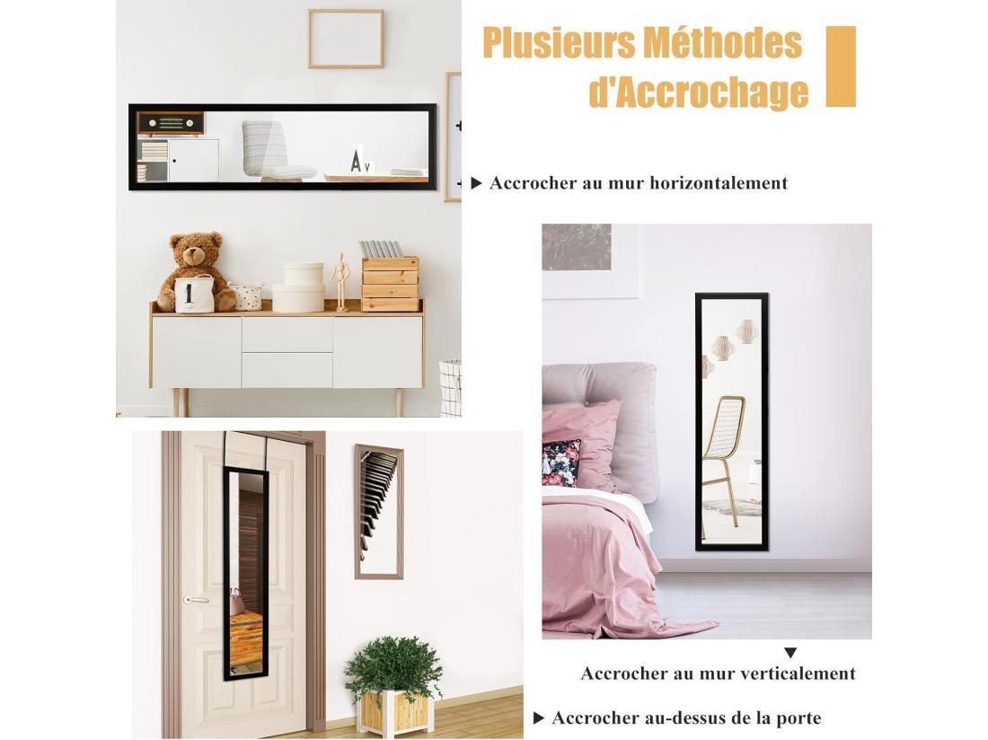 Vente Unique Miroir Pleine Longueur 120 X 33 Cm Crochets Pour Suspension Porte Ou Mural Noir