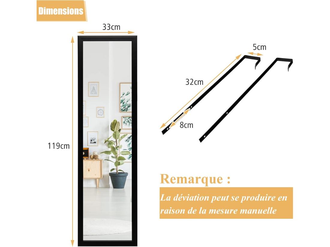 Vente Unique Miroir Pleine Longueur 120 X 33 Cm Crochets Pour Suspension Porte Ou Mural Noir