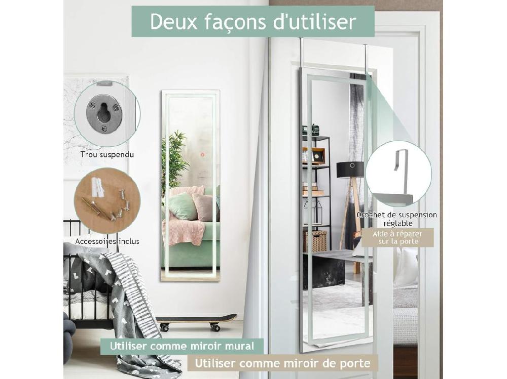Vente Unique Miroir Pleine Longueur Led Grand Miroir Led Pour Porte 120 Cm X 37 Cm Blanc