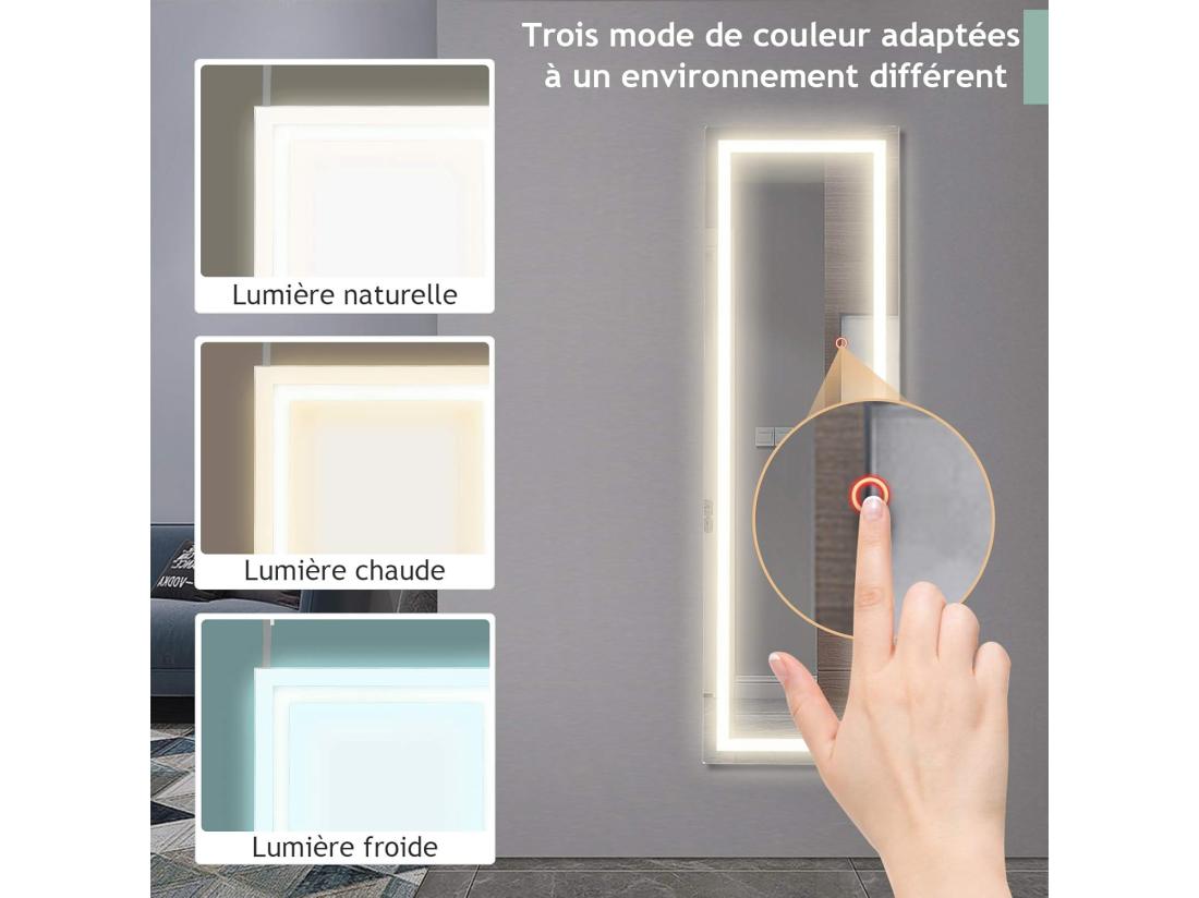 Vente Unique Miroir Pleine Longueur Led Grand Miroir Led Pour Porte 120 Cm X 37 Cm Blanc