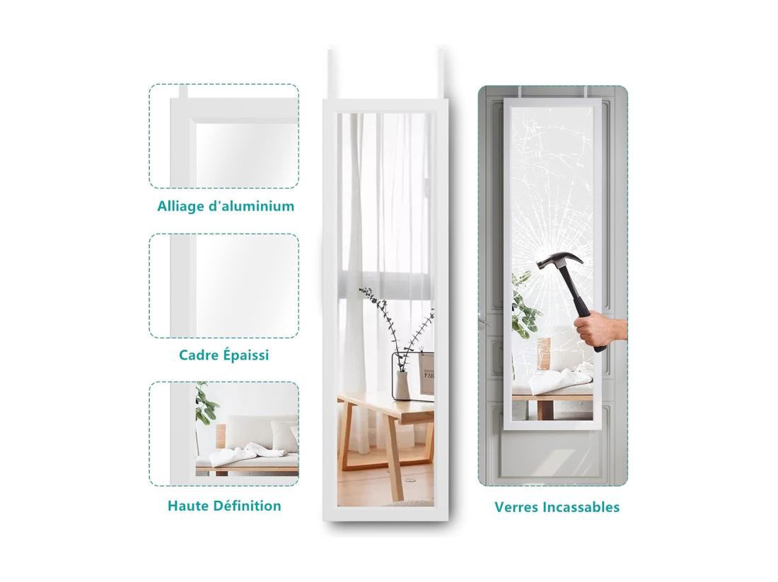 Vente Unique Miroir Porte Mural Suspendu 110x33cm Miroir Pleine Longueur En Verre Trempé Avec 2 Crochets De Suspension Pour Porte Hauteur Réglable - Blanc