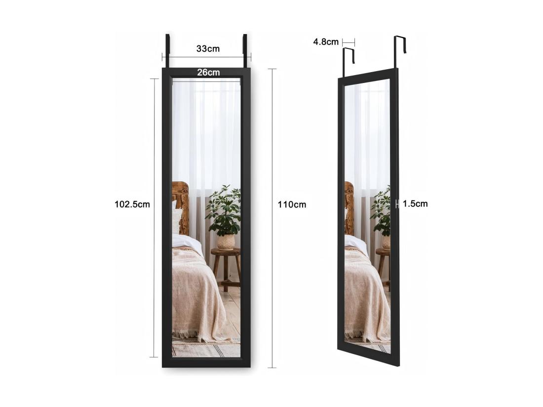 Vente Unique Miroir Porte Mural Suspendu 110x33cm Miroir Pleine Longueur En Verre Trempé Avec 2 Crochets De Suspension Pour Porte Hauteur Réglable - Noir