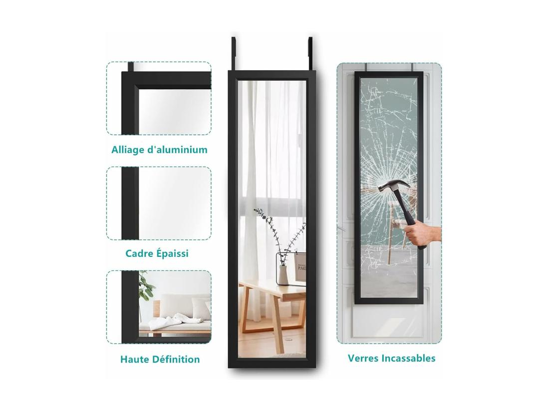 Vente Unique Miroir Porte Mural Suspendu 110x33cm Miroir Pleine Longueur En Verre Trempé Avec 2 Crochets De Suspension Pour Porte Hauteur Réglable - Noir