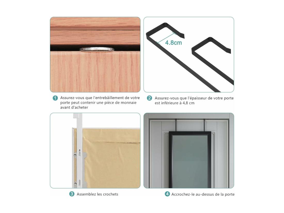 Vente Unique Miroir Porte Mural Suspendu 110x33cm Miroir Pleine Longueur En Verre Trempé Avec 2 Crochets De Suspension Pour Porte Hauteur Réglable - Noir