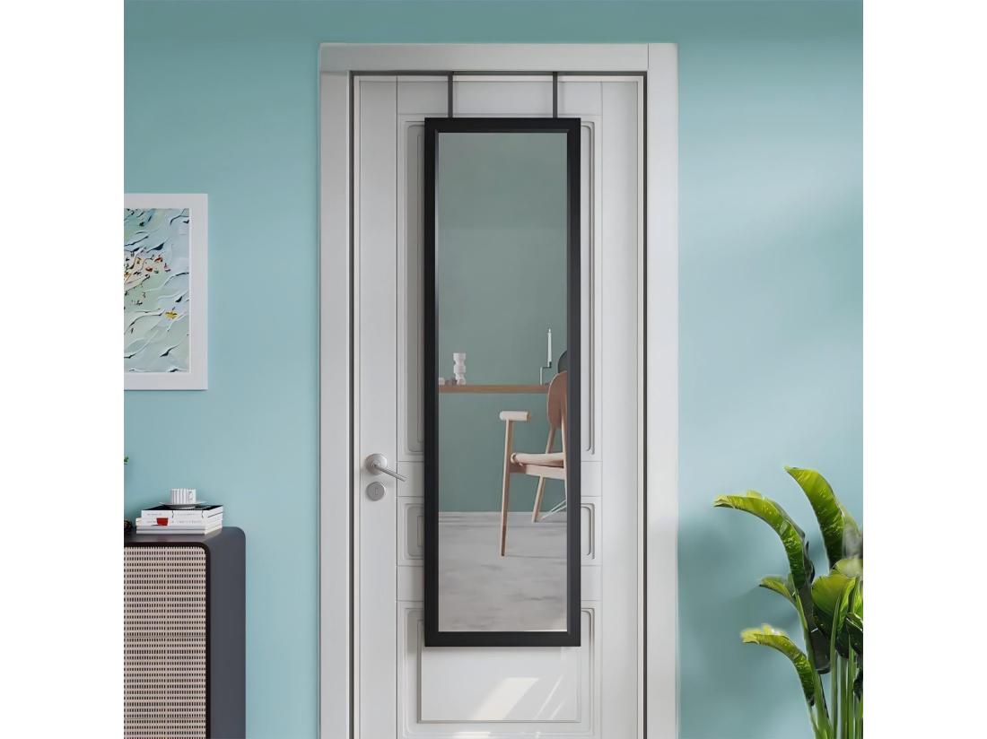 vente unique Miroir Porte Mural Suspendu 110x33cm Miroir Pleine Longueur en Verre Trempé avec 2 Crochets de Suspension pour Porte Hauteur Réglable - Noir