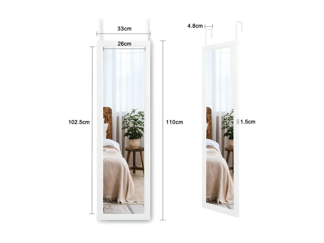 vente unique Miroir Porte Mural Suspendu 110x33cm Miroir Pleine Longueur en Verre Trempé avec 2 Crochets de Suspension pour Porte Hauteur Réglable - Blanc