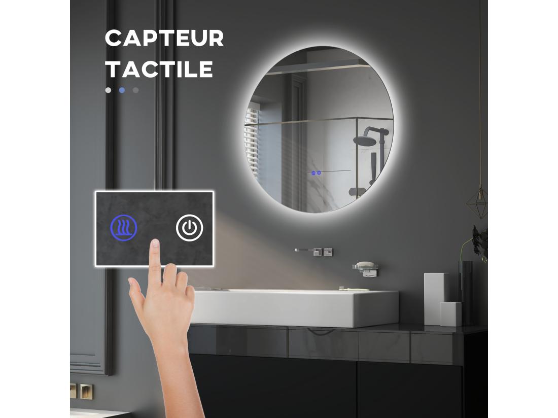 Vente Unique Miroir Rond Lumineux LED Réglable De Salle De Bain Dia. 80 Cm Interrupteur Tactile Fonction Antibuée Gris