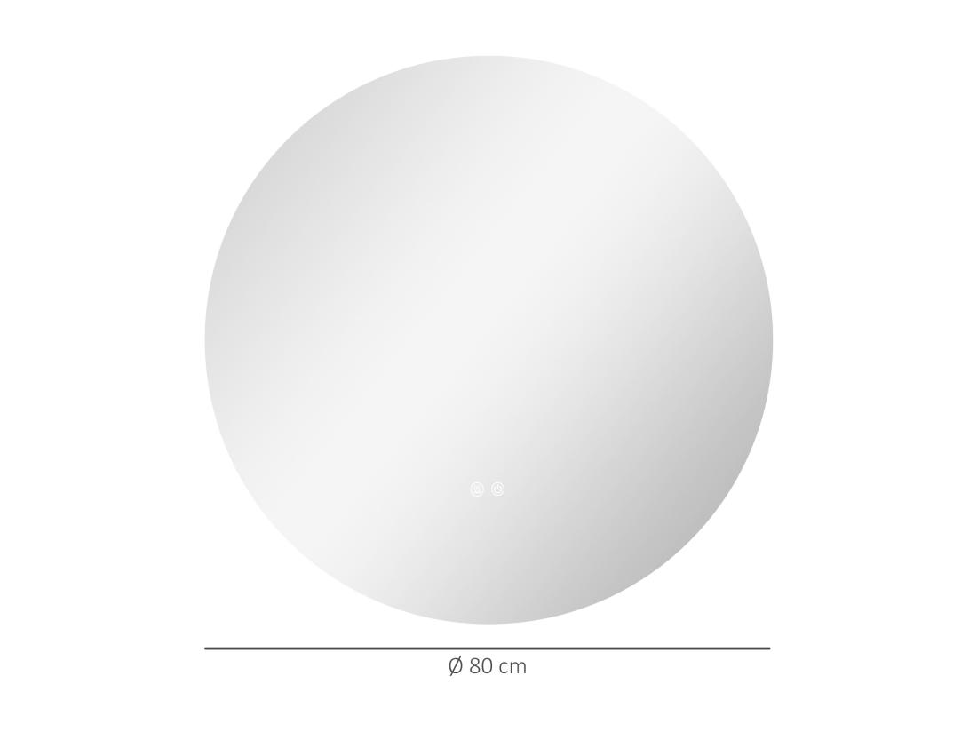 Vente Unique Miroir Rond Lumineux LED Réglable De Salle De Bain Dia. 80 Cm Interrupteur Tactile Fonction Antibuée Gris