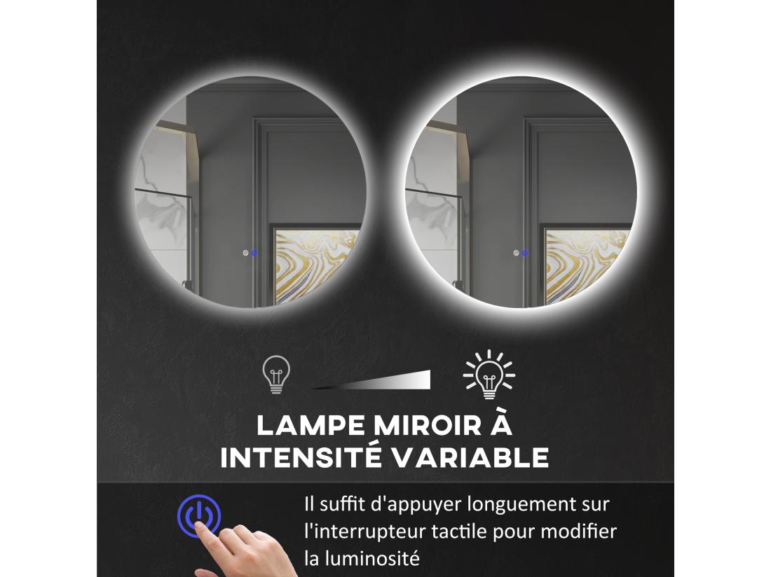Vente Unique Miroir Rond Lumineux LED Réglable De Salle De Bain Dia. 80 Cm Interrupteur Tactile Fonction Antibuée Gris
