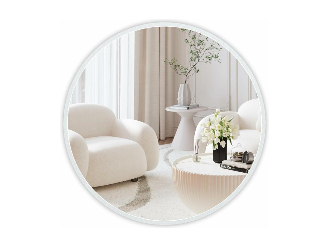Vente Unique Miroir Rond Mural 60x60cm Miroir HD Moderne En Cadre Pour Décorer Salle De Bain Salon Chambre Blanc