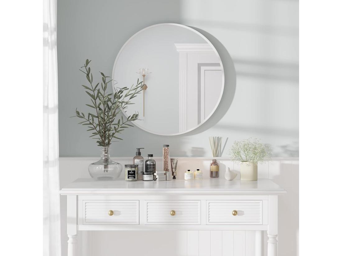Vente Unique Miroir Rond Mural 60x60cm Miroir HD Moderne En Cadre Pour Décorer Salle De Bain Salon Chambre Blanc