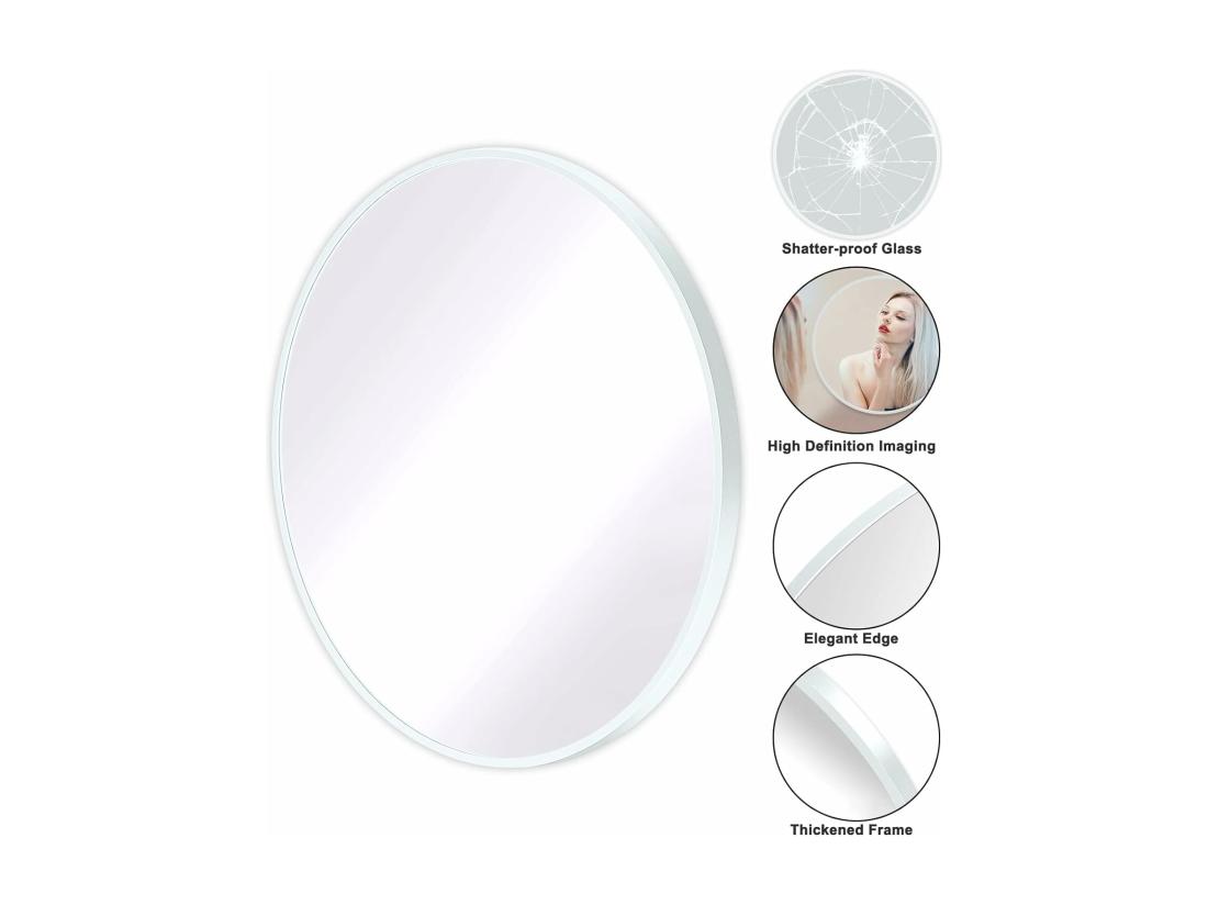 vente unique Miroir Rond Mural 60x60cm Miroir HD Moderne en Cadre pour décorer Salle de Bain Salon Chambre Blanc