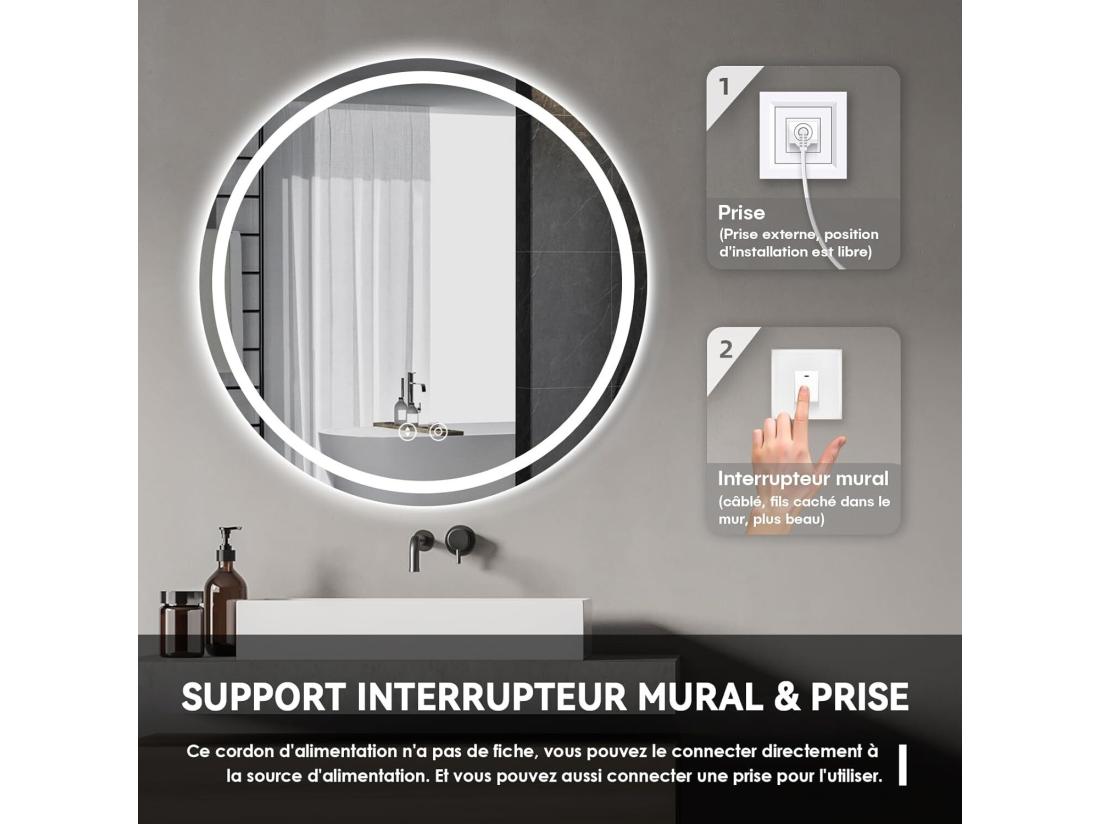 Vente Unique Miroir Rond Salle De Bain Avec Eclairage LED Miroir Maquillage Anti-buée Miroir Mural 3 Couleurs Dimmable 50x50cm