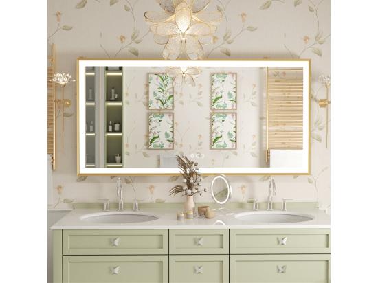 Vente Unique Miroir Salle De Bain Led Ractangulaire 120x60cm Miroir Lumineux 3 Couleur Réglable Avec Cadre Doré 120x60x4cm