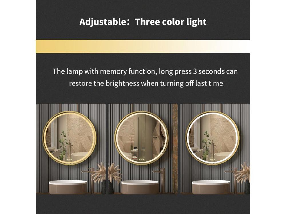 Vente Unique Miroir Salle De Bain Led Rond Doré Avec 3 Couleurs Réglables Antibuée 60x60cm