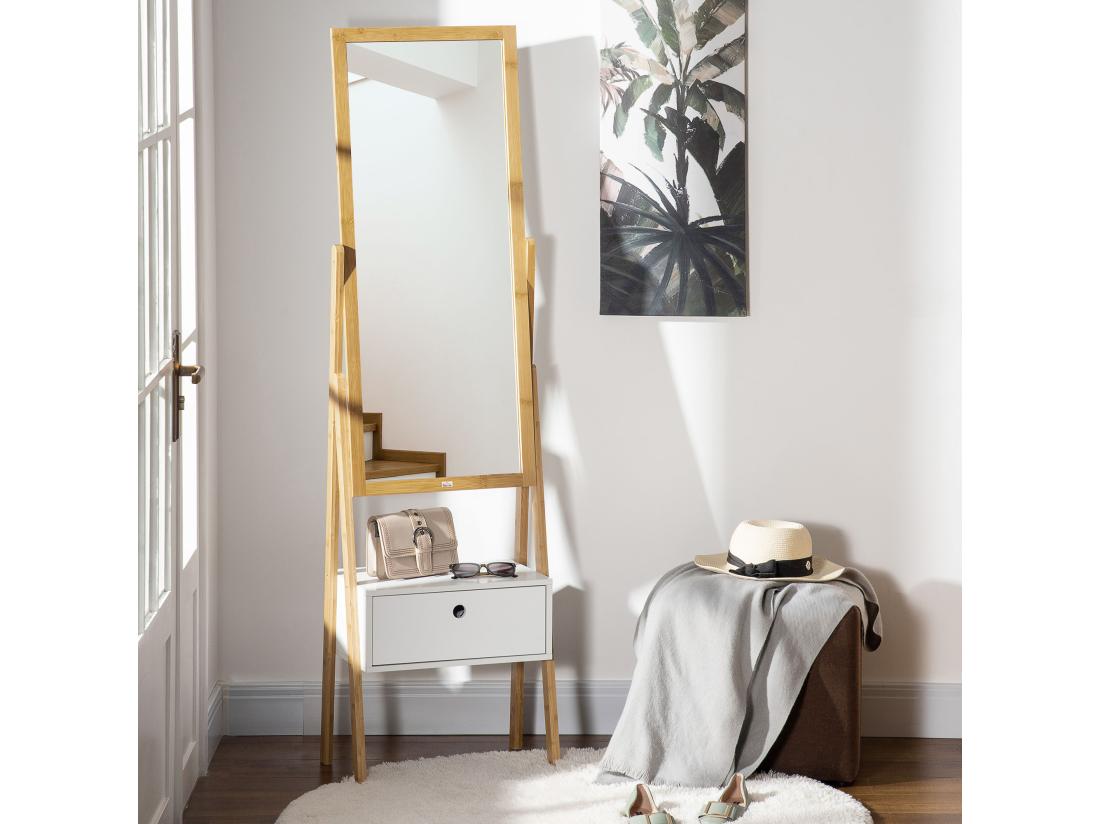 Vente Unique Miroir Sur Pied Avec Rangement Tiroir En Bambou Et MDF - Dim. 45L X 30l X 160H Cm - Blanc Et Naturel