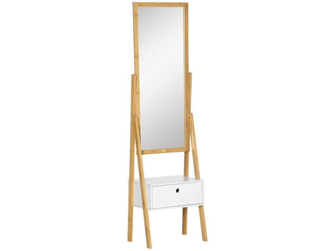 Vente Unique Miroir Sur Pied Avec Rangement Tiroir En Bambou Et MDF - Dim. 45L X 30l X 160H Cm - Blanc Et Naturel