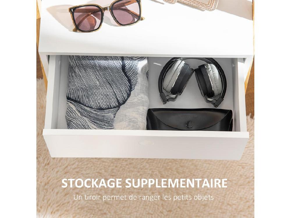 Vente Unique Miroir Sur Pied Avec Rangement Tiroir En Bambou Et MDF - Dim. 45L X 30l X 160H Cm - Blanc Et Naturel