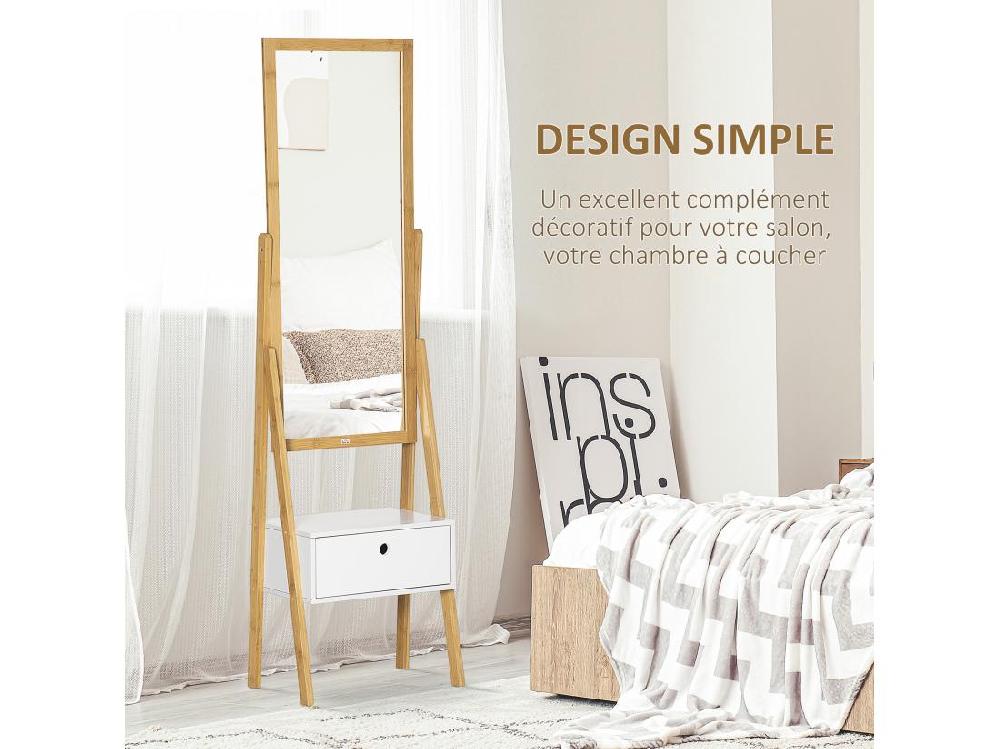 vente unique Miroir sur pied avec rangement tiroir en bambou et MDF - dim. 45L x 30l x 160H cm - blanc et naturel