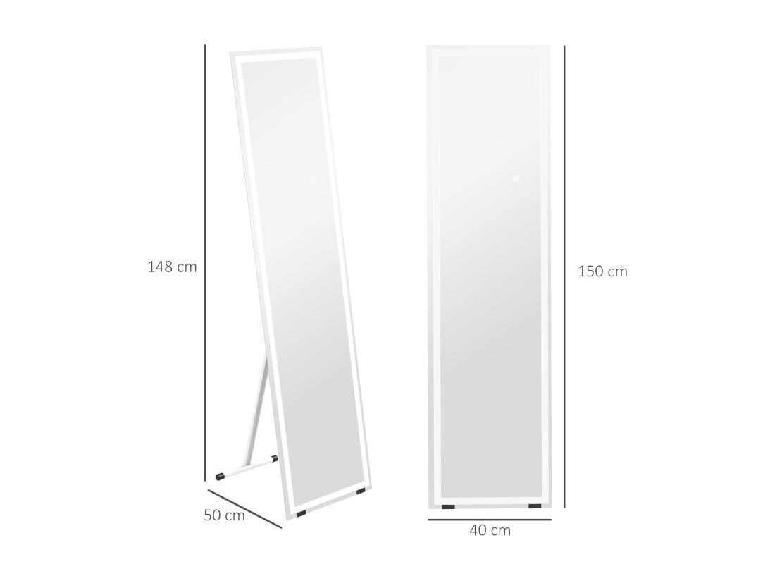 Vente Unique Miroir Sur Pied Ou Mural Rectangulaire Grande Taille LED Tactile Dim. 40L X 50l X 148H Cm Verre Métal Blanc