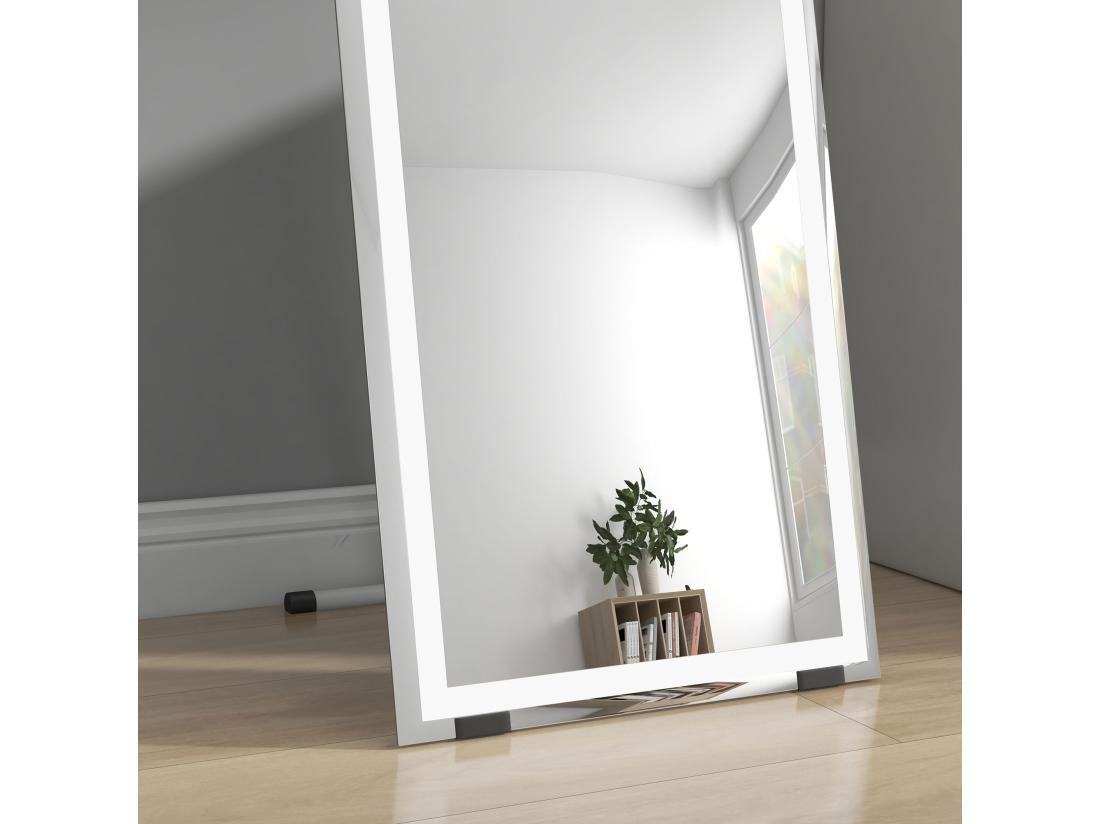 Vente Unique Miroir Sur Pied Ou Mural Rectangulaire Grande Taille LED Tactile Dim. 40L X 50l X 148H Cm Verre Métal Blanc
