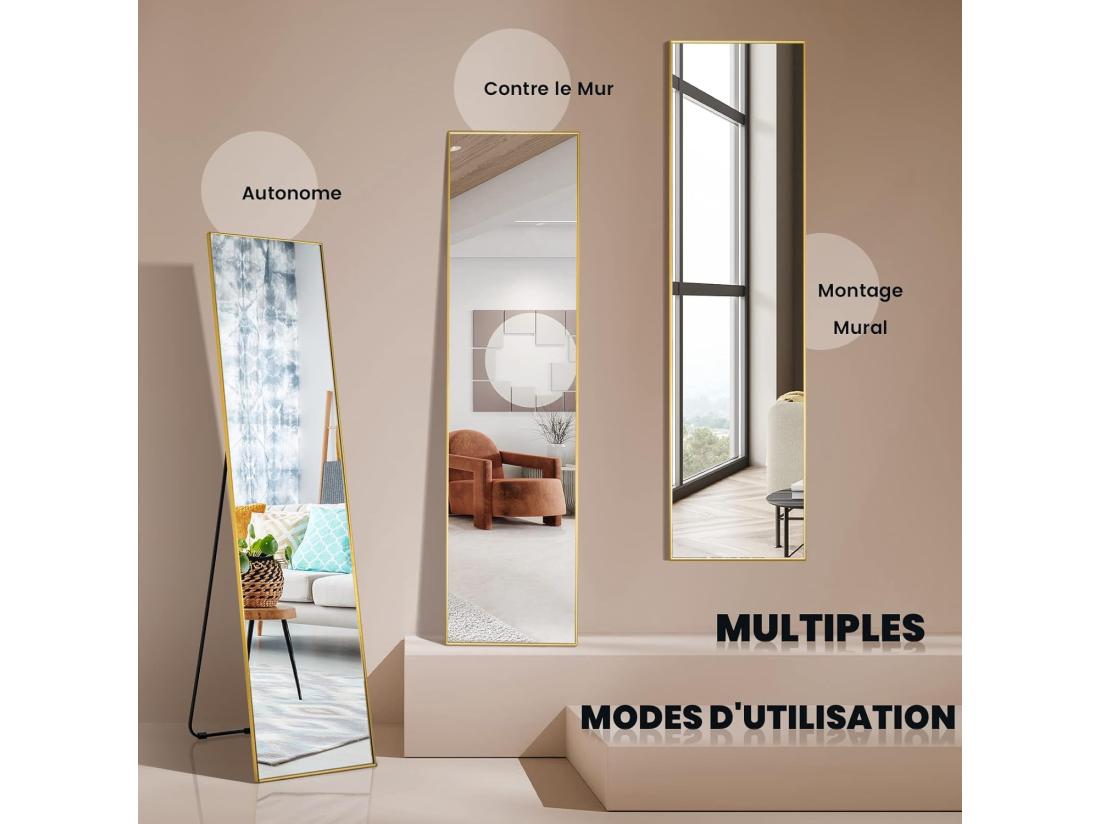 Vente Unique Miroir Sur Pied Rectangulaire-miroir Mural 40 X 160 Cm Angle D'inclinaison Réglable Or