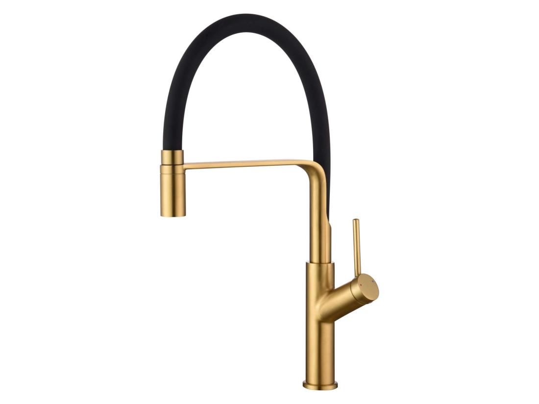 vente unique Mitigeur Cuisine Douchette IMEX SENA Or Brossé (PVD) corps en laiton et bec flexible en noir mat cartouche céramique de 30 mm