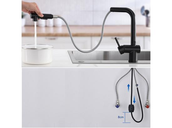 Vente Unique Mitigeur Cuisine Noir Douchette Robinet Douchette D'évier Extractible à 2 Jets Mitigeur Evier Bec Haut Pivotant à 360° Acier Inox Barboteur Démotable