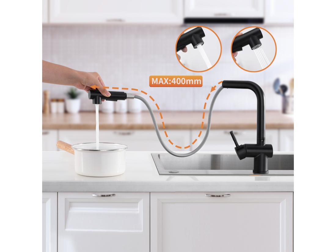 Vente Unique Mitigeur Cuisine Noir Douchette Robinet Douchette D'évier Extractible à 2 Jets Mitigeur Evier Bec Haut Pivotant à 360° Acier Inox Barboteur Démotable