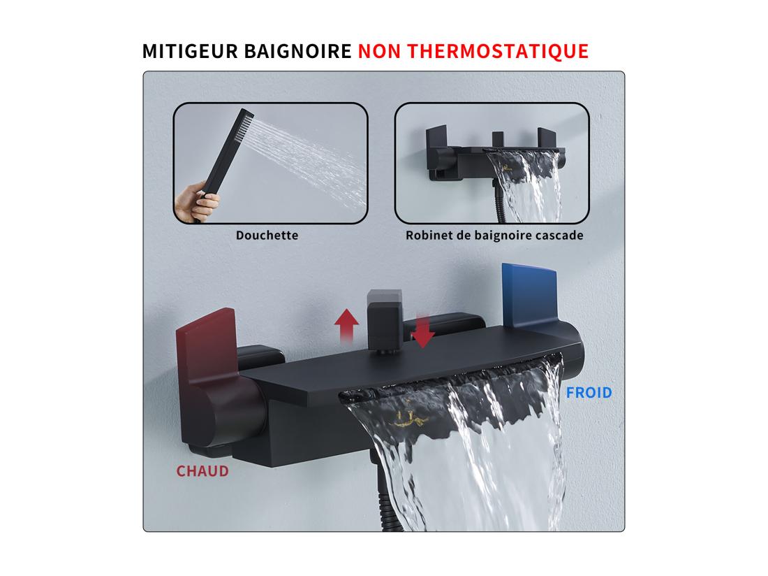 Vente Unique Mitigeur De Baignoire Cascade Robinet De Baignoire Mural Avec Douchette à Main Et Flexible De Douche 1 5M Laiton Noir Mat
