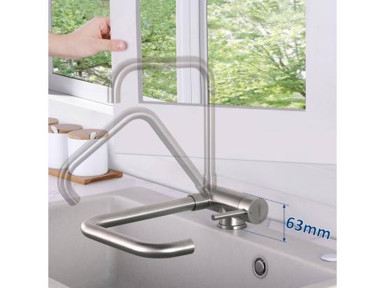 Vente Unique Mitigeur De Cuisine Rabattable Pivotant à 360° Robinet De Cuisine Avec Poignée Pliable Contre Fenêtre Robinet Mitigeur Evier Acier Inox 304