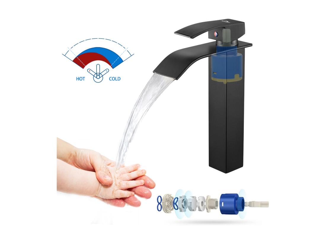 Vente Unique Mitigeur Lavabo Cascade Noir Moderne Pour Vasque à Poser Robinet Pour Lavabo Et Vasque Salle De Bain Robinetterie Mitigeur Eau Et Froide EU Modèle