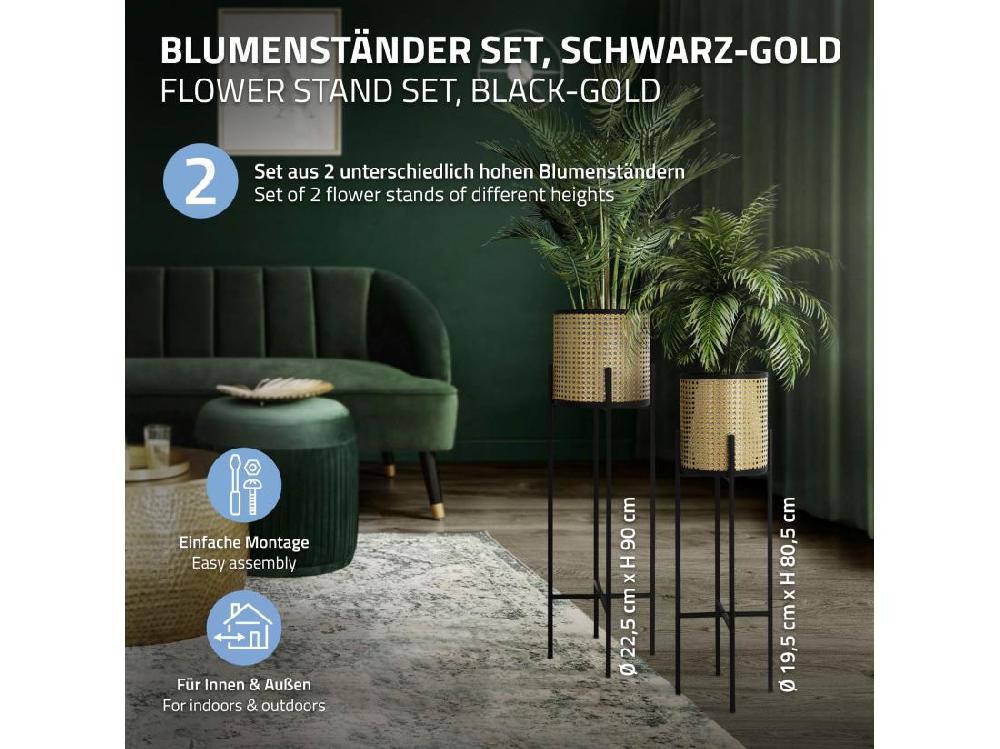 Vente Unique ML-Design Porte-fleurs Set De 2 Pièces Noir-or 16 5x16 5x80 5 Cm/19x19x90 Cm Acier Support De Pots De Fleurs Avec Cache-pot Support De Plantes En Métal Support De Pots De Fleurs 2 Pièces Pot De Plantes Colonne De