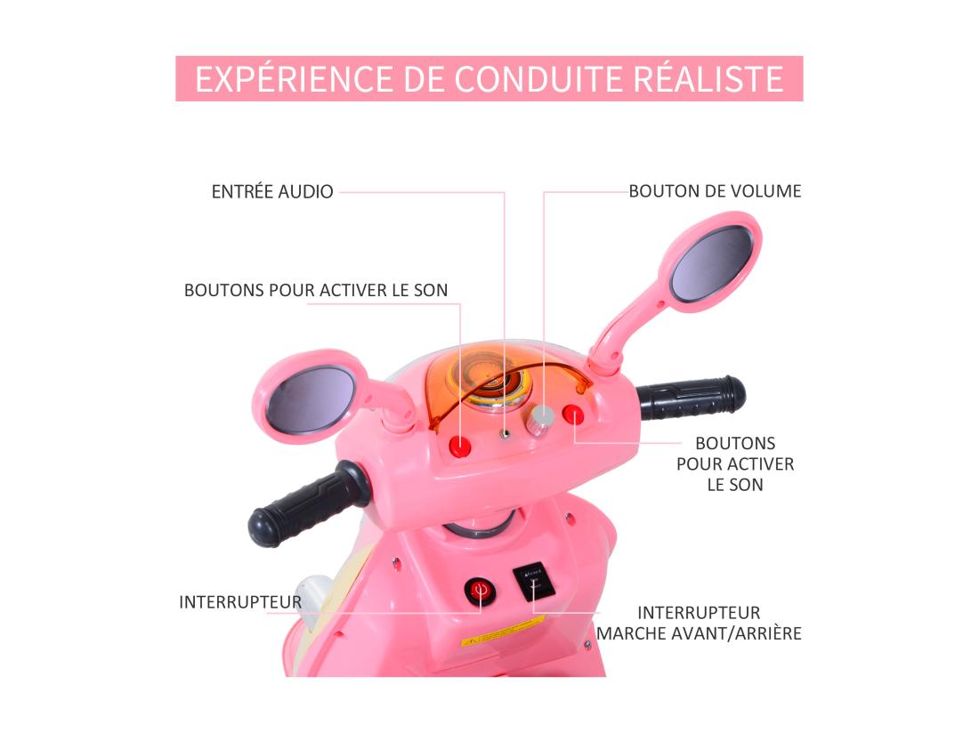 Vente Unique Moto Scooter électrique Pour Enfants 6 V Env. 3 Km/h 3 Roues Et Topcase Effet Lumineux Et Sonore Rose